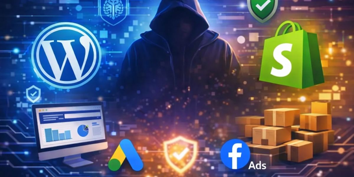 Hooded cybersecurity figure protecting WordPress and Shopify websites with Google Ads and Facebook Ads icons in a digital fraud protection concept.