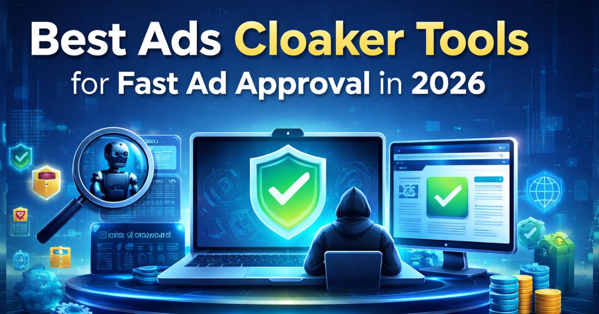 Digital illustration of ads cloaking tools showing secure ad approval system, traffic filtering, and campaign protection technology in 2026