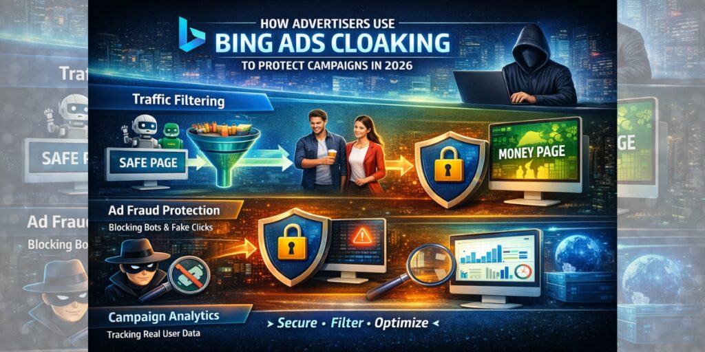 How Advertisers Use Bing Ads Cloaking to Protect Campaigns in 2026 Bing Ads cloaking process showing traffic filtering, ad fraud protection, and campaign analytics to protect advertising campaigns.