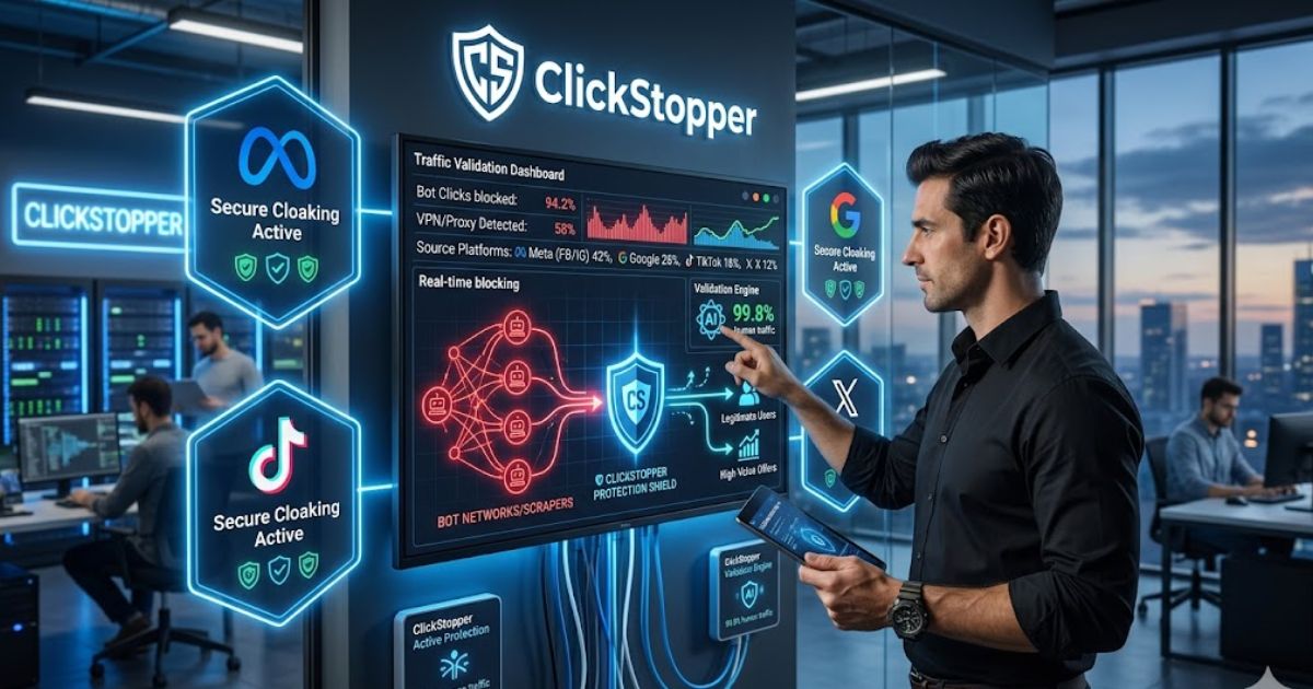 A high-tech digital dashboard displaying ClickStopper’s AI-powered traffic validation, showing real-time blocking of bot clicks and VPN traffic while protecting ad campaigns on Meta, Google, TikTok, and X.