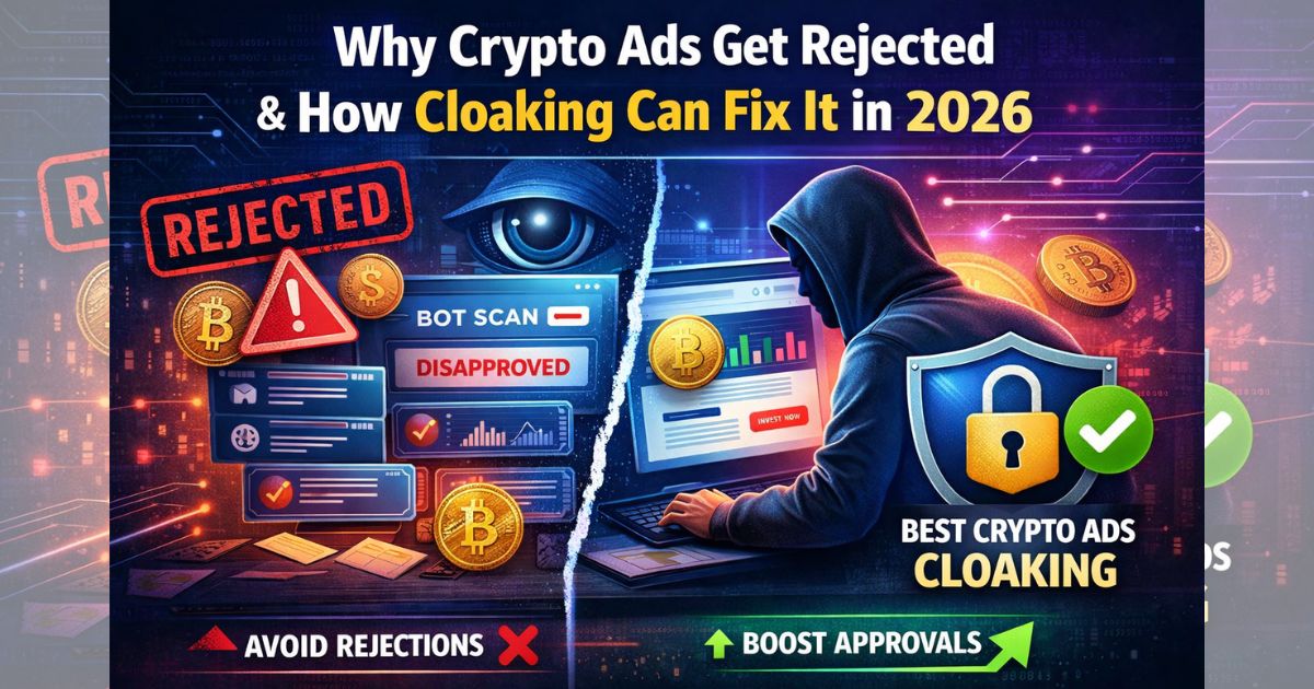 Crypto ads rejection and cloaking solution showing bot scan disapproval and secure ad approval system