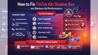 Infographic showing how to fix TikTok ads shadow ban, including signs, causes, solutions, and tips to restore ad performance