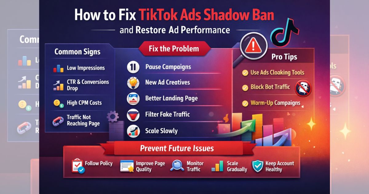 Infographic showing how to fix TikTok ads shadow ban, including signs, causes, solutions, and tips to restore ad performance
