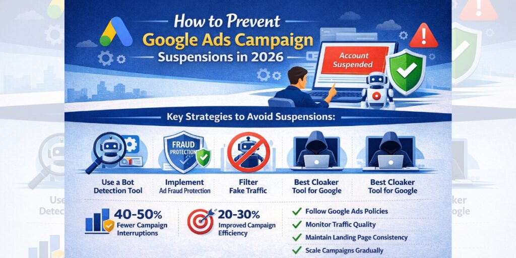 Infographic showing strategies to prevent Google Ads campaign suspensions in 2026 using bot detection, ad fraud protection, and fake traffic filtering.