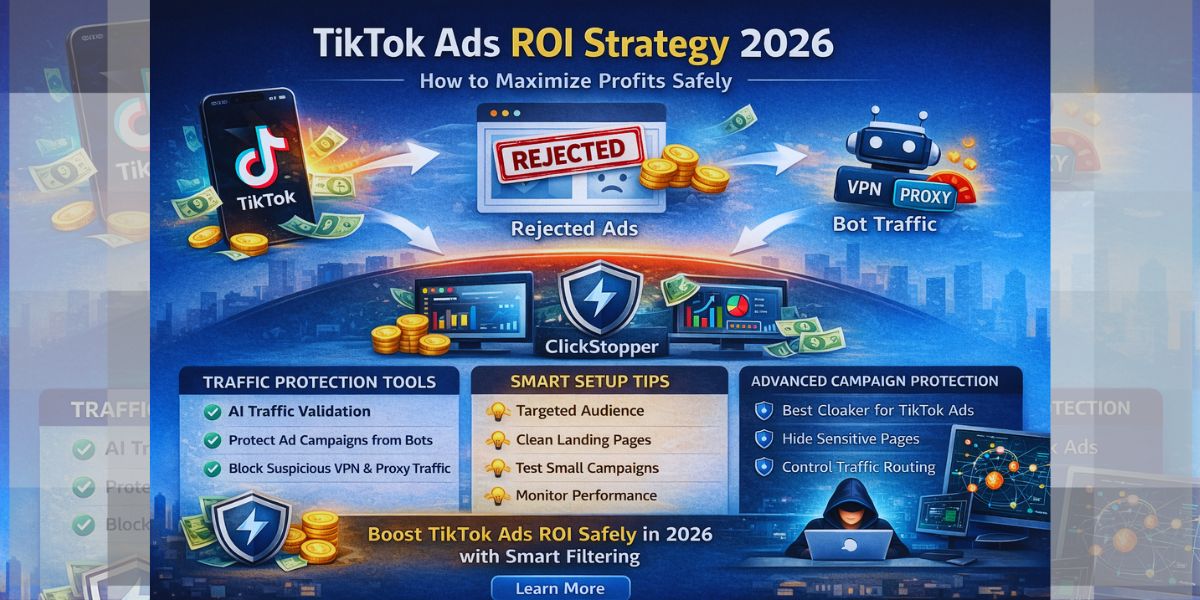 TikTok Ads ROI Strategy 2026 infographic showing rejected ads, bot traffic detection, VPN and proxy filtering, and ClickStopper traffic protection tools.