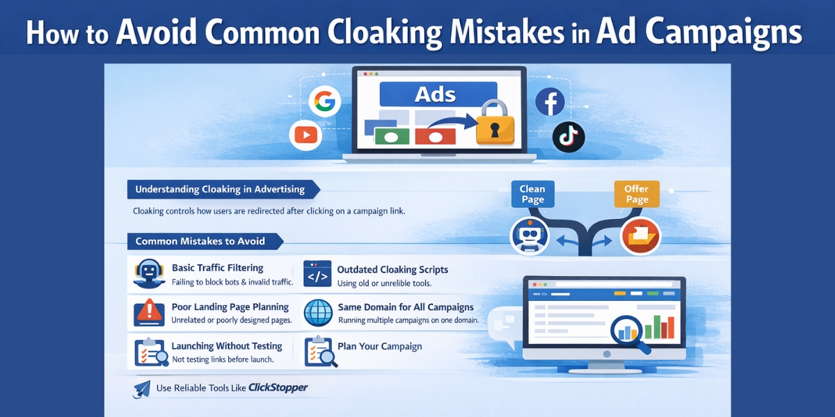 Infographic showing common cloaking mistakes in online advertising campaigns and best practices for managing ad campaign links and traffic.