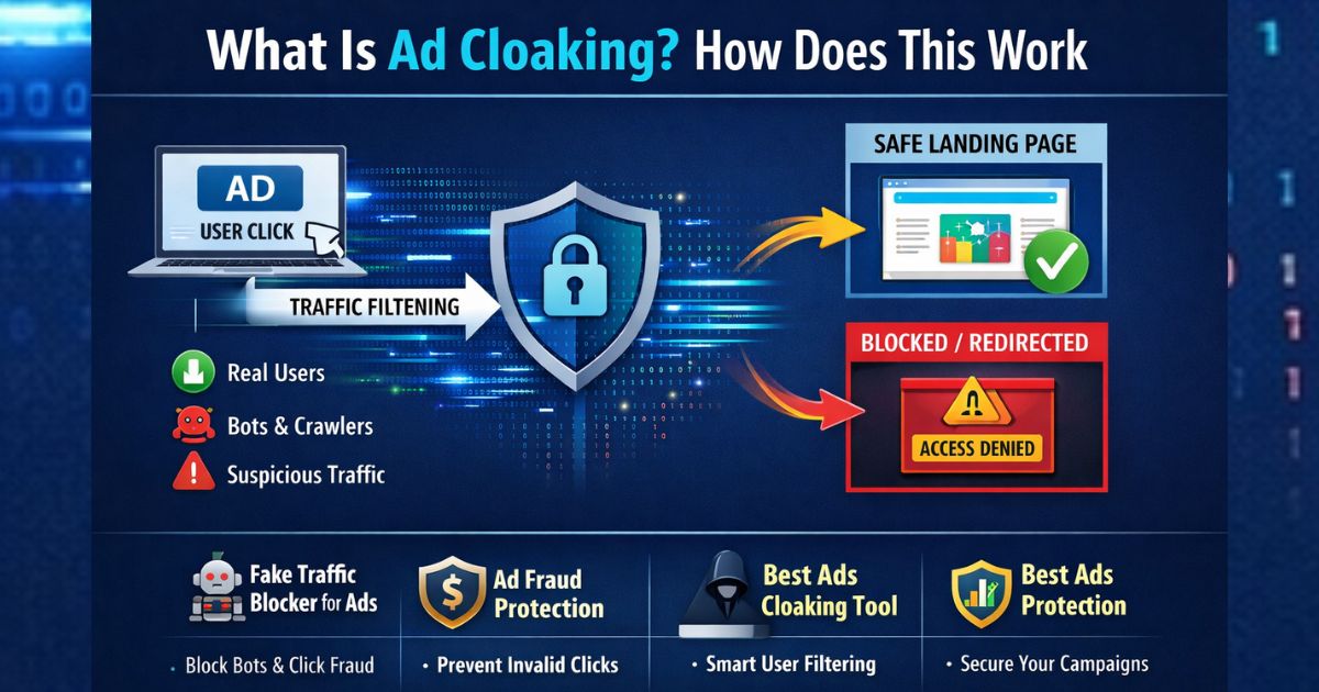 Illustration of ad cloaking process showing traffic filtering, real users vs bots detection, safe landing page, and blocked suspicious traffic with ad fraud protection